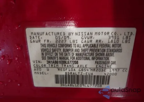 2009 Nissan Sentra 2.0Sr z USA, uszkodzony, nr VIN 3N1AB61E09L677208